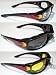 3 Motorcycle Flame Sunglasses Glasses Padded Black frames with Fire on sides, lenses that are shatter resistant polycarbonate, rated UV400 Anti-Fog coated each lens Clear Smoked Yellow Each comes with a soft micro-fiber bag to store them in Also has comfortable rubber ear pads!These float if you are near or around water a lot.If you drop them in water they will float on the surface