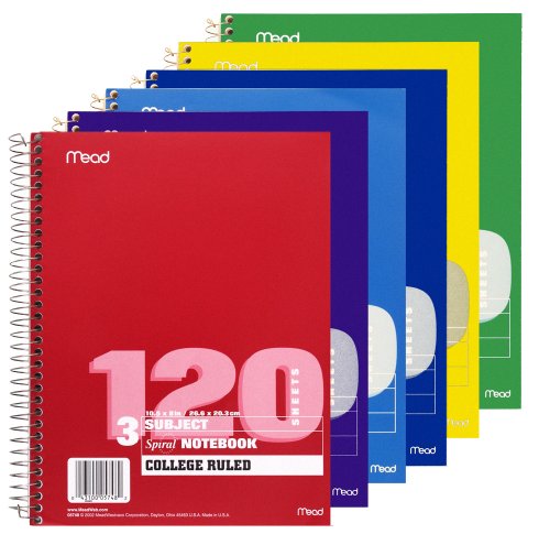 Mead Three-Subject College-Ruled Spiral Notebook, 1 Notebook, Color May Vary (05748)