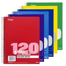 Mead Three-Subject College-Ruled Spiral Notebook, 1 Notebook, Color May Vary (05748)