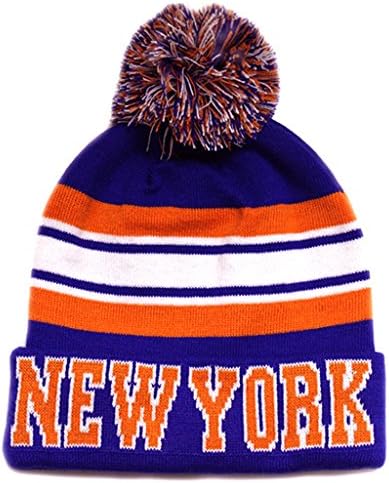 New York Thick Warm Cuffed Beanie Winter Hat Cap with Pom and Stripes One Size Adult BLUE/ORANGE