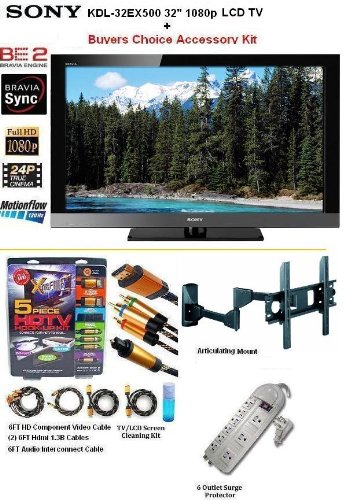 Brand New Sony Bravia KDL-32EX500 1080p 32Inch LCD HDTV With Buyers Choice Sony HD Accessory Kit Includes Professional Articulating Wall Mount + (2) 6FT Hdmi 1.3B Cables - 6FT Audio Interconnect Cable Screen Cleaner + Surge Protector