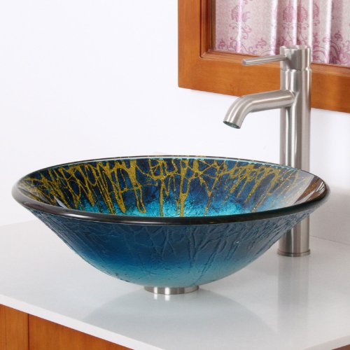 ELITE Modern Design Unique Color Tempered Bathroom Glass Vessel Sink Brushed Nickel Faucet Combo