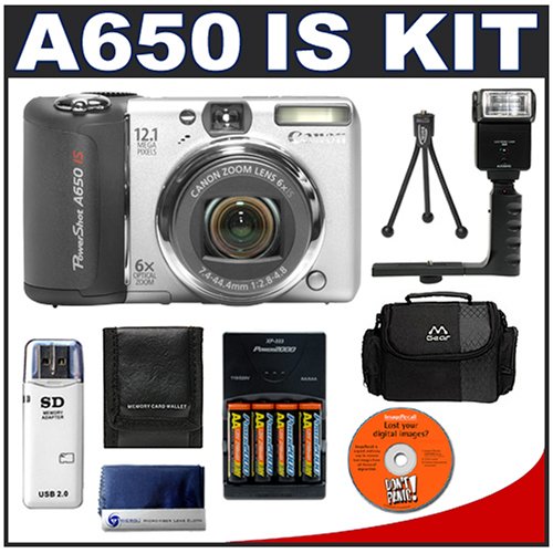 Canon PowerShot A650 IS 12.1 Megapixel Digital Camera with 6x Optical Zoom + High Power Bounce Head Auto Electronic Flash with Grip + High Speed USB 2.0 SecureDigital Card Reader + (4)   2700mAh AA NiMH Rechargeable Batteries w 5 Hour 110 220v Charger + Digital Camera Case