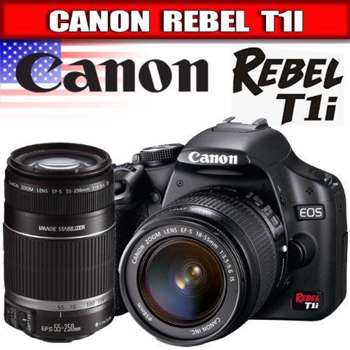 Canon EOS Rebel T1i 15.1 MP CMOS Digital SLR Camera with 3-Inch LCD and EF-S 18-55mm f/3.5-5.6 IS Lens + Canon EF-S 55-250mm f/4.0-5.6 IS Telephoto Zoom Lens for Canon Digital SLR Cameras.