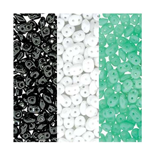 Black White and Turquoise Colors Mix SuperDuo Czech Glass Seed Beads 2.5 x 5mm Jet Black, Chalk White, Green Turquoise - 72 Grams