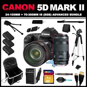 Canon EOS 5D Mark II 21.1MP Full Frame CMOS Digital SLR Camera with EF 24-105mm f/4 L IS USM Lens + Canon EF 70-300mm f/4-5.6 IS USM Lens for Canon EOS SLR Cameras (8GB Advanced Bundle Kit) includes (3)Tripods + (3) Batteries + Case + Charger + 8GB SD Card + Lens Pens + Dust Blower + HDMI Cable + Ca