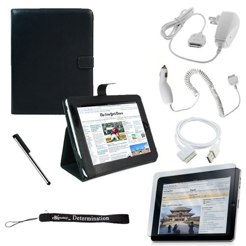 Proffesional Office Portfolio Melrose Leather Horizontal Flip iPad Stand Case for the Apple iPad Wifi / 3G Model 16GB, 32GB, 64GB with Extra Pocket for Miscellaneous Accessories + Includes a eBigValue (TM) Determination Hand Strap Key Chain + Includes a Full Durable iPad Anti-Glare Screen Protector + Travel Home Wall Charger + Travel Car Charger + 2 in 1 USB Data Charge and Sync Cable for Apple iPad (Combo is Compatible with All Versions of iPad) + Includes a Silver Graphic Designer Stylus Pen
