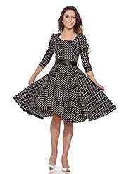Belted Fitted Polka Dot Print Scoop Neck Flared-Skirt  Dress With a Sash 