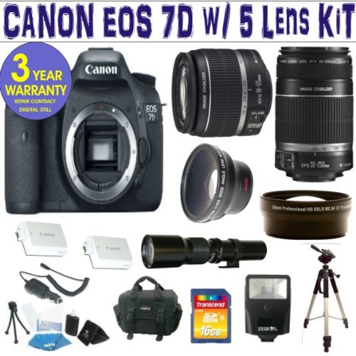 BRAND NEW CANON EOS 7D w/ CANON 18-55 IS LENS + CANON 55-250 IS LENS + 500 PRESET LENS + .45X WIDE ANGLE LENS + 2X TELEPHOTO LENS + 16GB HIGH SPEED MEMORY CARD CLASS 10 + 3 YEAR CELLTIME WARRANTY
