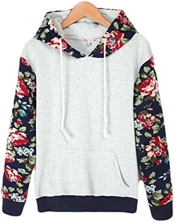 Haqi Women's Floral Printed Long Sleeve Hooded Pullover Hoodies M Gray