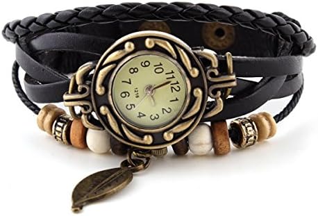 SSL Brand Girl's Leaf Pendant Vintage Ladies Bracelet Casual Quartz Watch (black)