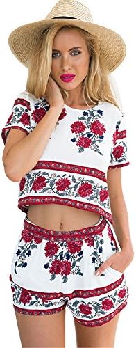 2016 Women Hot Short Sleeve O-Neck Floral Printed Crop Top + Shorts Two Pieces Outfits (Large)