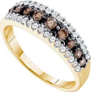 14k Yellow Gold Ring Band 0.50ct Champagne Diamonds Channel At Center & Surrounded w/ Tiny White Diamonds Fine Clarity - Incl. ClassicDiamondHouse Free Gift Box & Cleaning Cloth