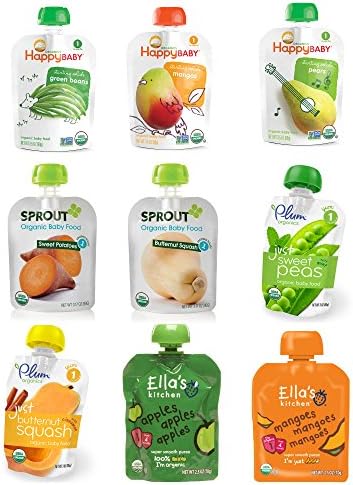 Organic Baby Food Stage One 9 Flavor Variety Pack (9 Total Pouches) Includes Happy Baby, Sprout, Plum, Ella's Kitchen