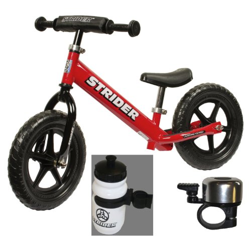 Strider ST-3 No-pedal Balance Bike +BONUS-Water Bottle and Bell (Bundle) (Red)