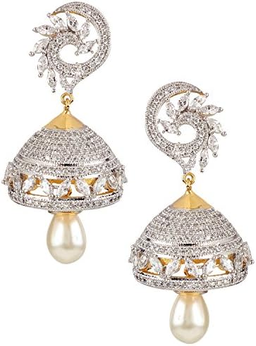 Basanti Jewels Women's American Diamond CZ Traditional Ethnic Jewellery Pearls Jhumki Earrings Gold