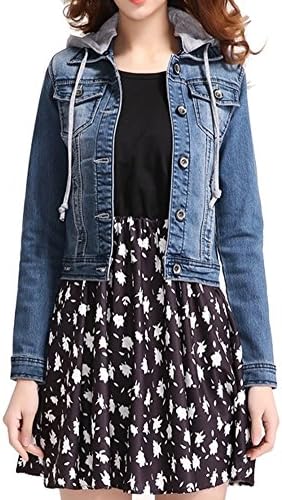 Fundu Women's Blue Turn-down Collar Detachable Hood Short Denim Jacket Outerwear US 8