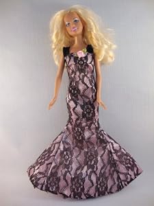 Light Pink Evening Gown with Black Lace Made to Fit the Barbie Doll