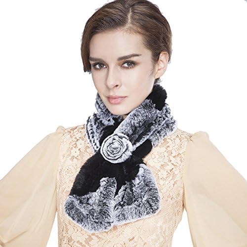 Knit Rex Rabbit Fur Scarf with Rosetted (Black & Grey)