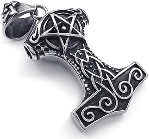 Mygoodie Jewelry Stainless Steel Thors Hammer Pentagram Amulet Pendant Mens Necklace, 18-26 inch Chain