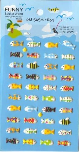 Kawaii Funny Fish (Sushi-day) Soft Puffy Sticker, 2 Sheets, #28755