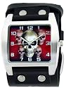 Center Skull Ghosts Red Fade Punk Pirate Skater Gothic Biker Wide Leather Band Wrist Watch