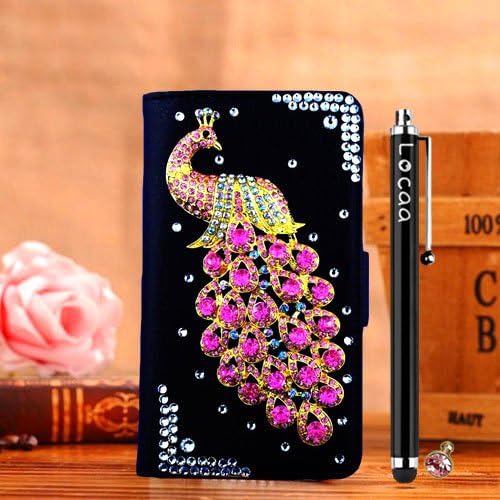 Locaa(TM) Nokia Lumia 630 Nokia630 3D Bling Peacock Case + Phone stylus + Anti-dust ear plug Deluxe Luxury Crystal Pearl Diamond Rhinestone eye-catching Beautiful Leather Retro Support bumper Cover Card Holder Wallet Cases [Peacock Series] Black case - Pink peacock