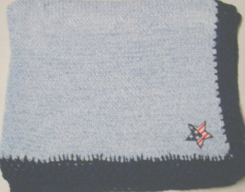 Knitted on Hand Knitting Machine Blue Cotton Hand Crochet Finished with Navy Rayon Chenille Infant Boys Large Blanket Size 32 By 45 Inches Trimmed Star American Flag