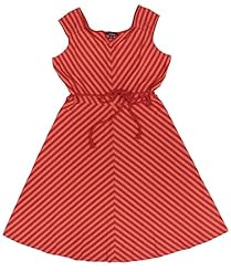 Petite A-line V-neck Striped Print Knee Length Sleeveless Shirred Belted Cotton/Rayon/Spandex  Dress