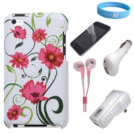 Protective Back Spring Flower Case for Apple iPod Touch 4G + Clear Screen Protector + 4th Generation iTouch USB Car Charger + USB Wall Charger + Pink handsfree + Wristband