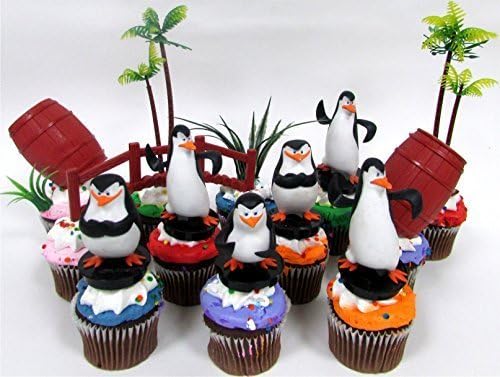 PENGUINS OF MADAGASCAR 12 Piece Birthday CUPCAKE Topper Set, Featuring 6 Random Penguin Figures and Decorative Themed Accessories - Figures Average 2" to 3" Inches Tall