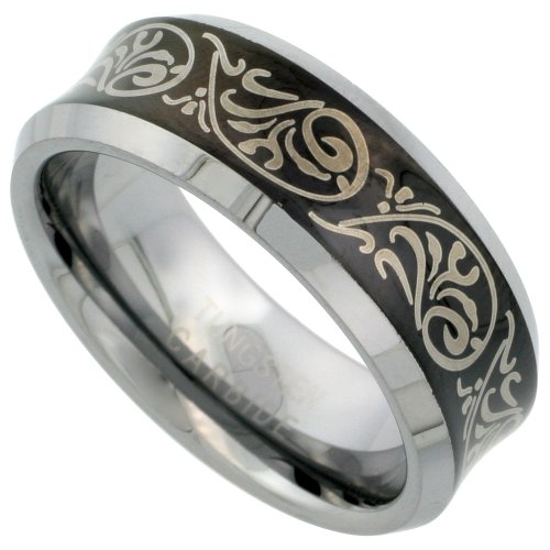 Tungsten 8 mm (5/16 in.) Comfort Fit Concave Wedding Band Ring w/ Tribal Design on Black Center (Available in Sizes 7 to 14)