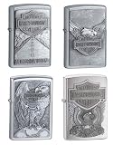 Zippo Lighter Set - Harley Davidson Eagle and Globe, Made in the USA, Iron Eagle and American Legend Pewter Emblem Logo, Pack of Four