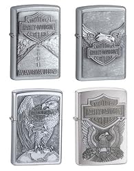 Zippo Lighter Set - Harley Davidson Eagle and Globe, Made in the USA, Iron Eagle and American Legend Pewter Emblem Logo, Pack of Four