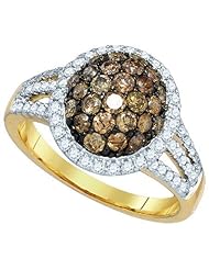 1.50 Carat (ctw) 10K Yellow Gold Round Cut White & Cognac Diamond Ladies Split Shank Cluster Flower Right Hand Ring 1 1/2 CT
