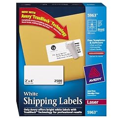 Avery&reg; White Shipping Labels for Laser Printers with TrueBlock Technology,  2 Inches x 4 Inches, Box of 2500 (5963)
