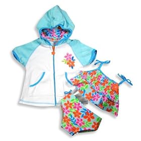 Baby Buns - Infant Girls 2 Piece Swimwear Set, Bikini And Hooded Terry Cover-up, Blue, Multi
