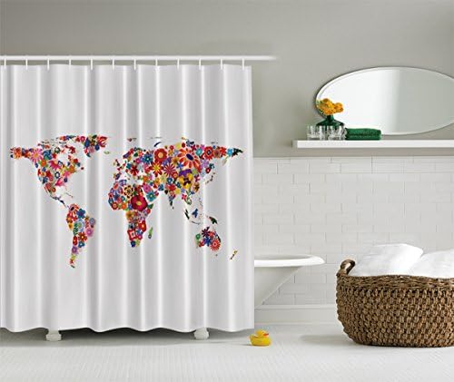 Designer's Collection Digital Graphic Print World Flower Map Shower Curtain Set Non Vinyl Bath Waterproof Fabric Resistant includes hooks 5323 Exclusive Design