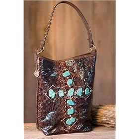 Ladies Leather Tote with Turquoise Cross Nuggets