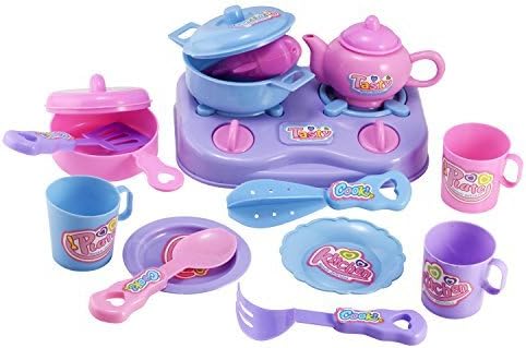 Great kitchen toys set of 14 dishes and more, made of plastic as illustrated