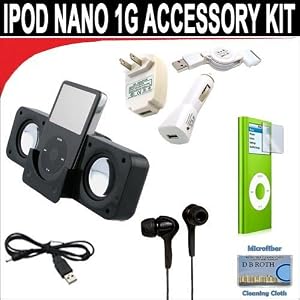8 pc. Accessory kit for iPod Nano 1g. Includes Black portable stereo speaker w/cable 3-in-1 iPod charging kit (1000mAH) Black Mini soft Earbuds Reusable Pre-Cut Screen Protector and a DBROTH Microfiber Cleaning Cloth