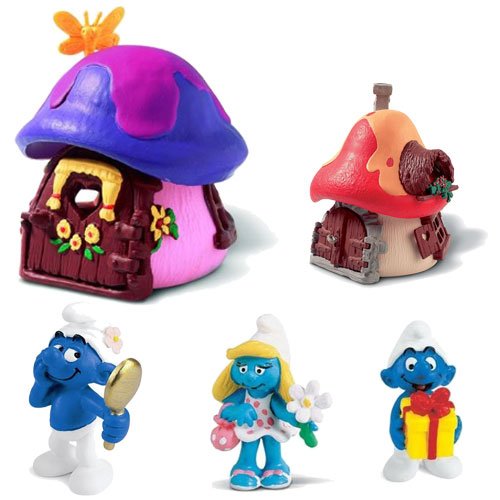 Schleich Smurfette's Mushroom Cottage and Smurfs Cottage Red with Vanity Surf, Jokey Smurf and Smurfette with Flower
