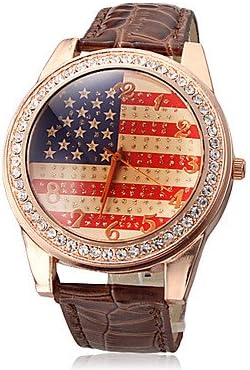 RayShop - Unisex Golden American Flag Dial Leather Band Quartz Analog Wrist Watch ( Color : Brown )