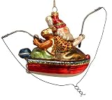 Santa & Moose Fishing In Motorboat Glass Christmas Ornament #823041 B
