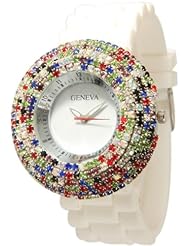 Geneva White w/ Dark Multi Color Elegant Crystals Rhinestones Silicone Watch