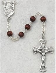 Solid .925 Sterling Silver 5mm Brown Wood Rosary Rosaries Childrens Medal Pendant Necklace