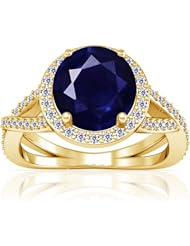18K Yellow Gold Round Cut Blue Sapphire Ring With Sidestones