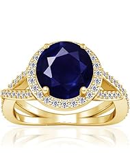 14K Yellow Gold Round Cut Blue Sapphire Ring With Sidestones