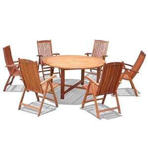 VIFAH V343SET3 Outdoor Wood 7-Piece Dining Set with Round Table, Natural Wood Finish, 59... by 
