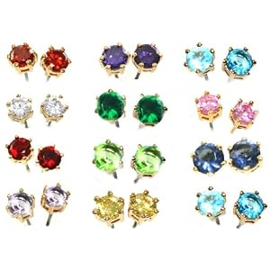 Gorgeous 24K Yellow Gold Layered (GL) Cubic Zirconia ROUND Stud Post Birthstone Earrings ~ You...